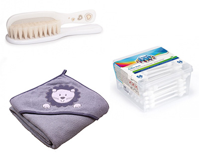 Babypflege-Set Haarbürste, Ohrenstäbchen, Badekleidung